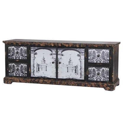 57 Inch Accent Sideboard Cabinet, White Damask Print Drawers, Brown Wood