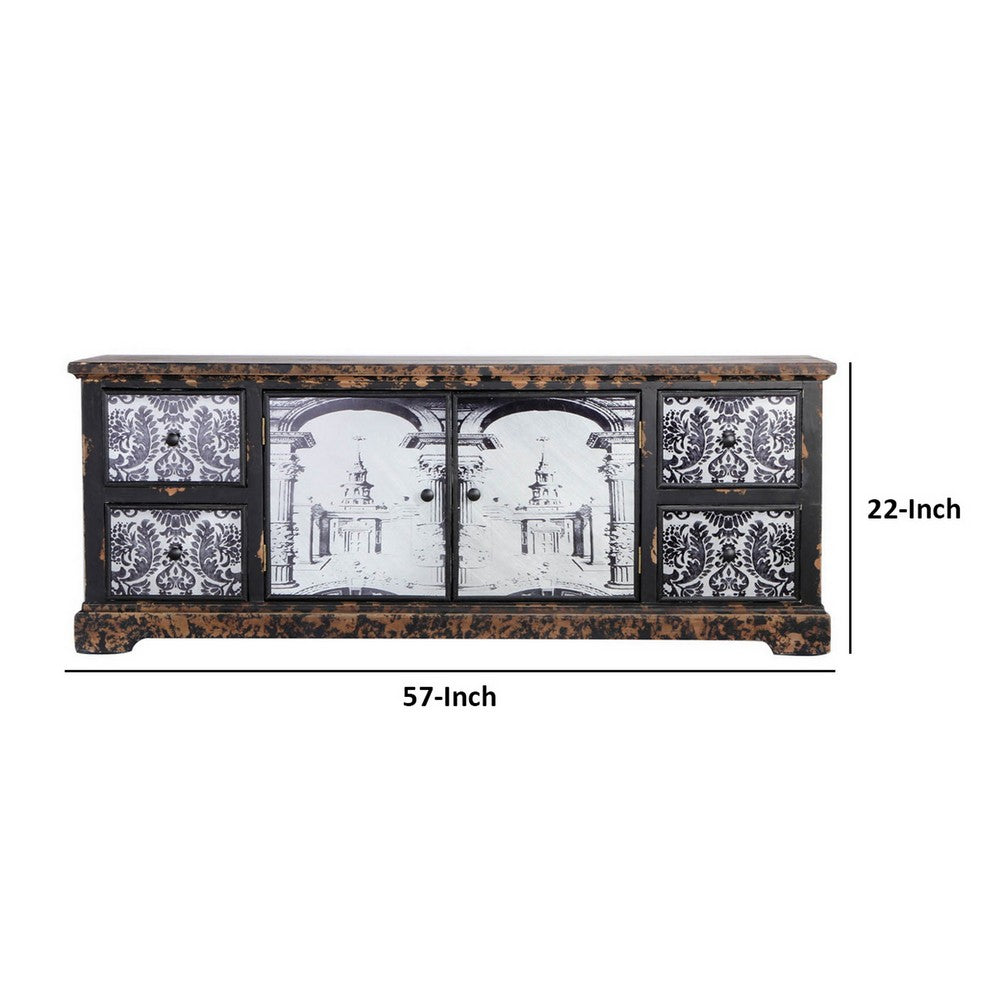 57 Inch Accent Sideboard Cabinet, White Damask Print Drawers, Brown Wood