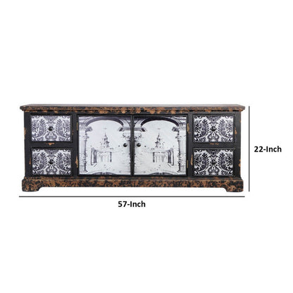 57 Inch Accent Sideboard Cabinet, White Damask Print Drawers, Brown Wood