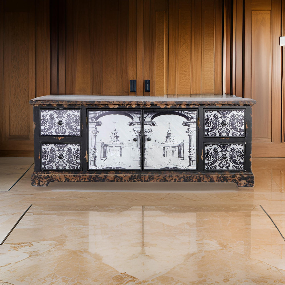 57 Inch Accent Sideboard Cabinet, White Damask Print Drawers, Brown Wood