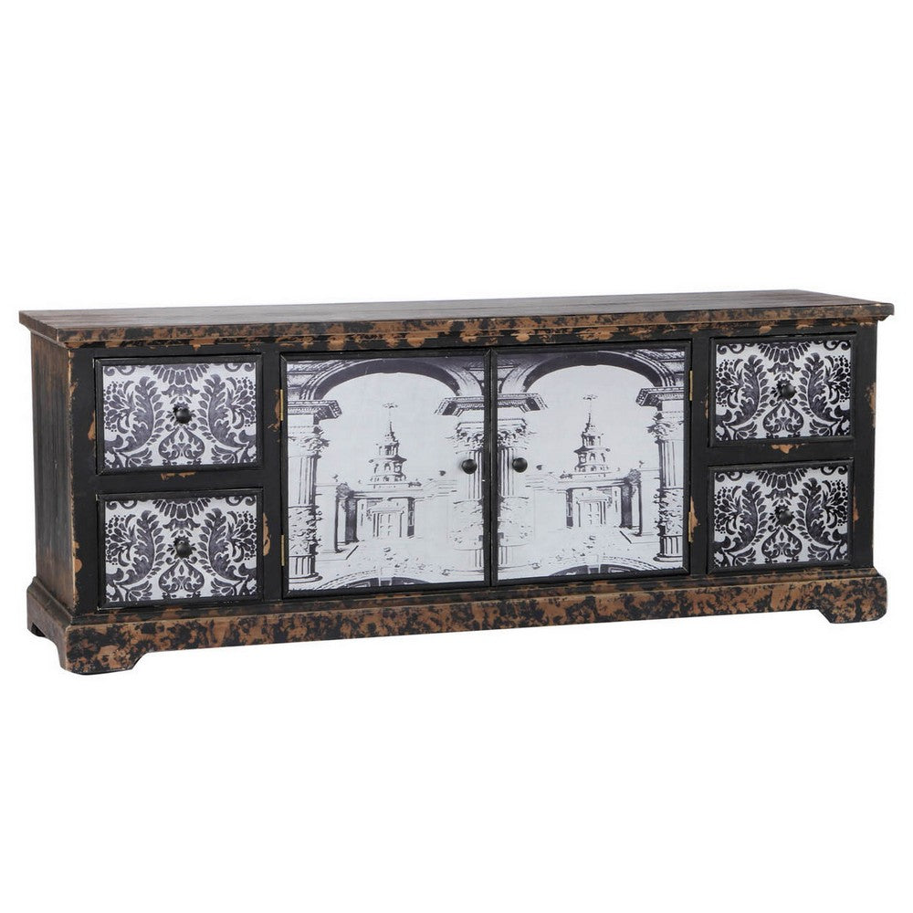 57 Inch Accent Sideboard Cabinet, White Damask Print Drawers, Brown Wood