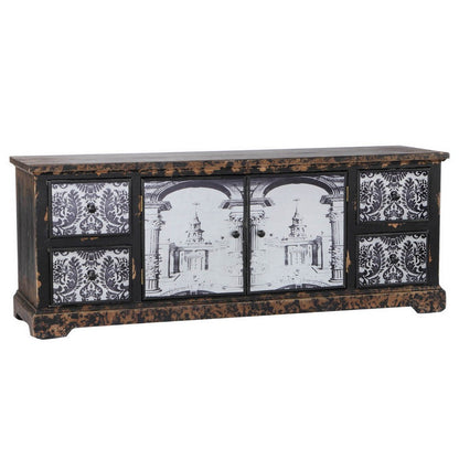 57 Inch Accent Sideboard Cabinet, White Damask Print Drawers, Brown Wood