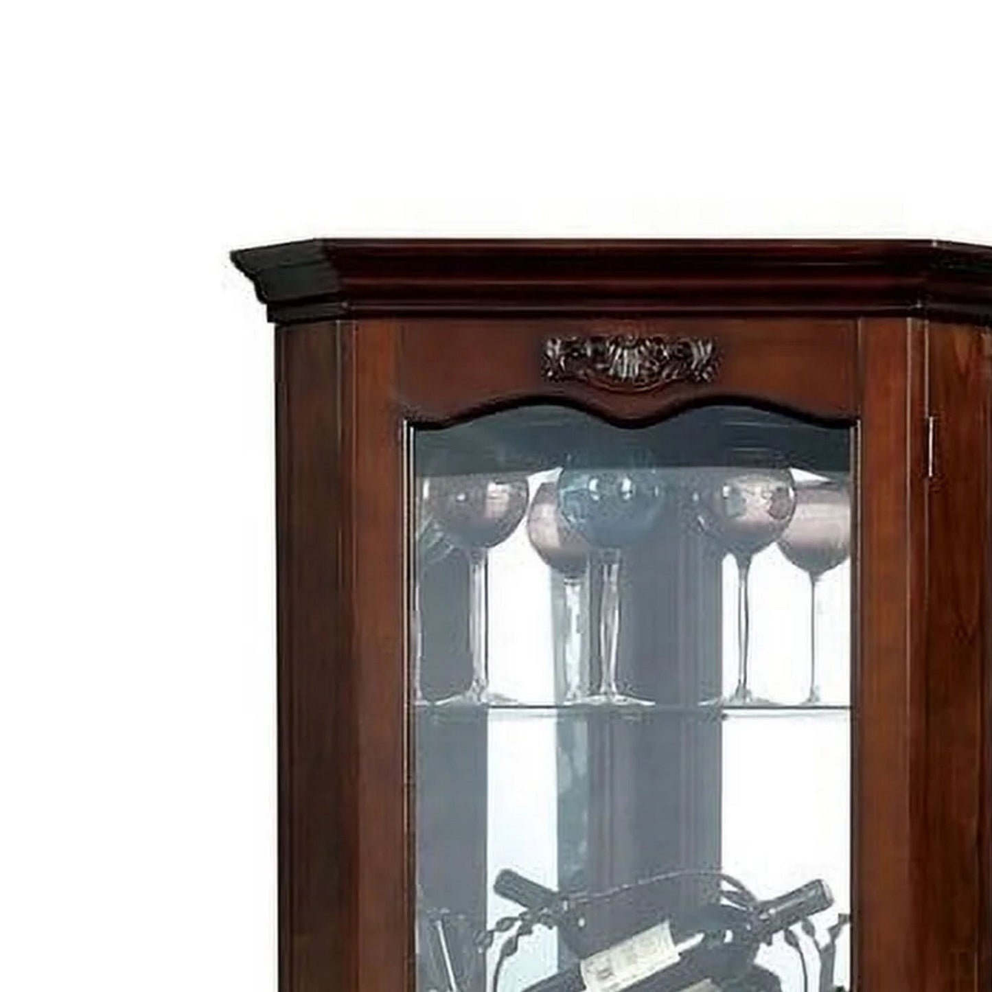 72 Inch Corner Curio Cabinet, 5 Shelves, Tempered Glass Door, Brown Wood