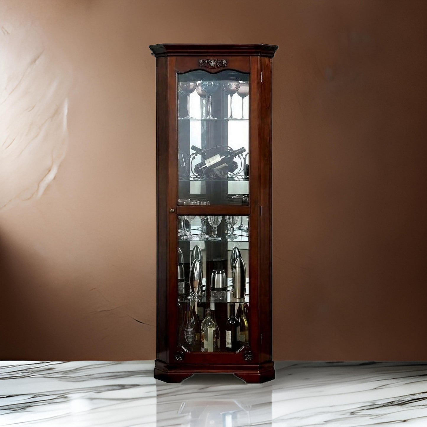 72 Inch Corner Curio Cabinet, 5 Shelves, Tempered Glass Door, Brown Wood
