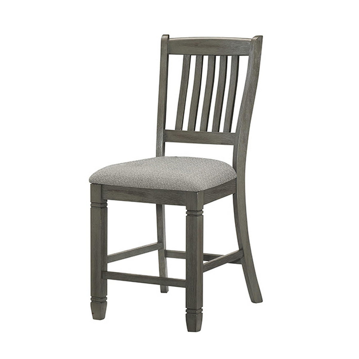 26 Inch Counter Height Chair Set of 2, Slat Back, Gray Wood, Fabric Seat