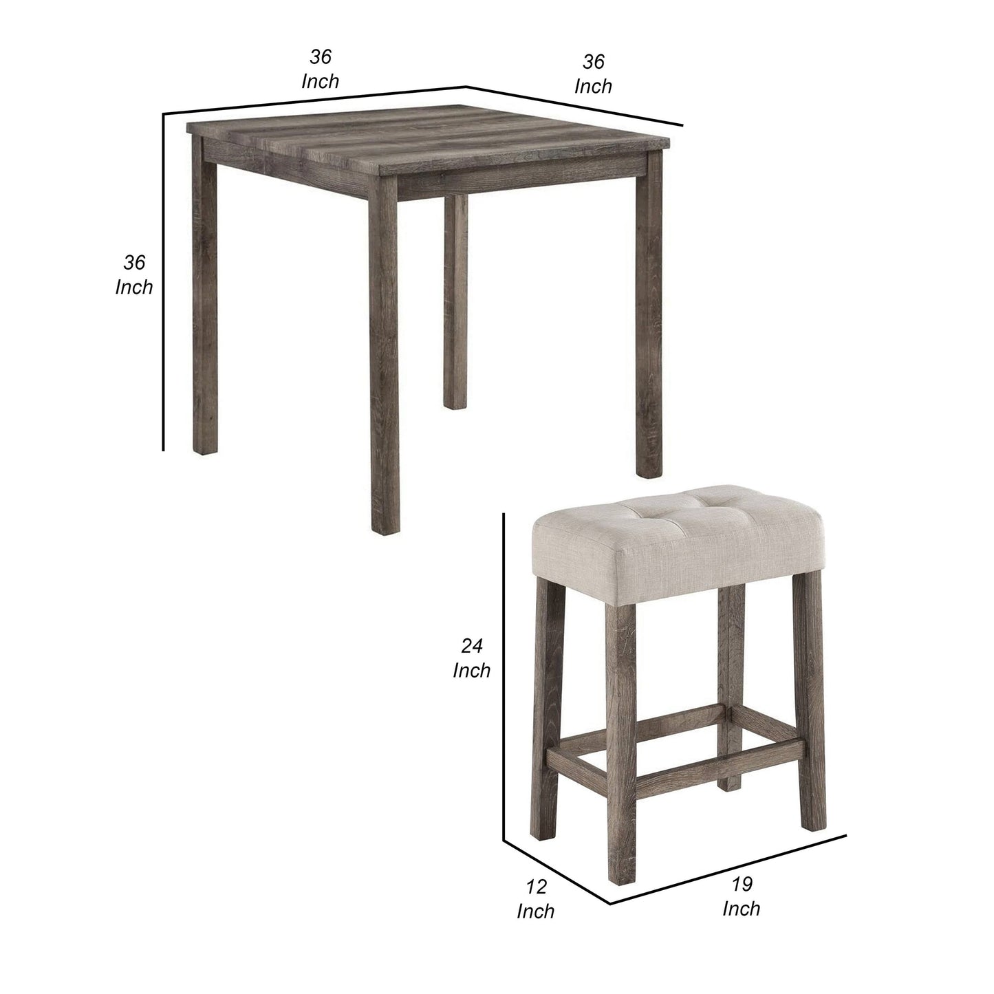 5 Piece Counter Height Table Set with 4 Stools, Beige Fabric, Gray Wood