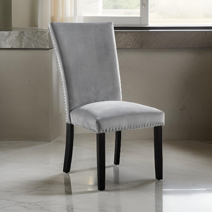 28 Inch Dining Side Chair Set of 2, Padded Gray Flannelette, Black Wood