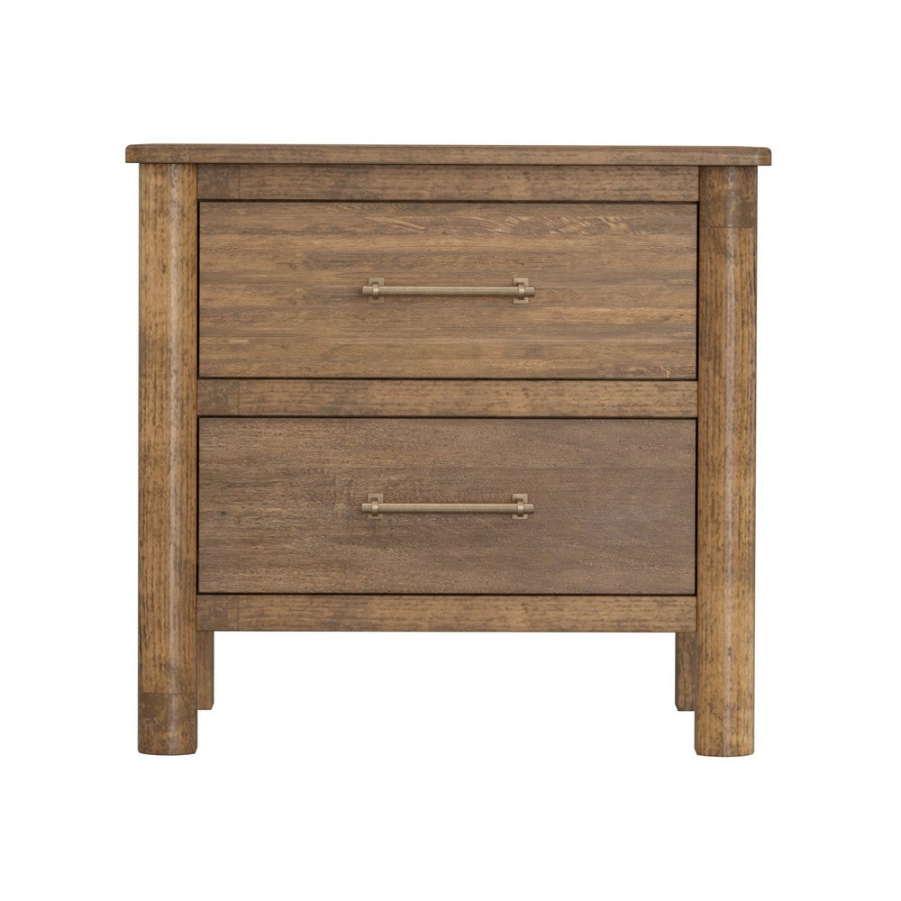 Olum 28 Inch Nightstand, 2 Drawers, Metal Handles, Solid Mango Wood, Brown