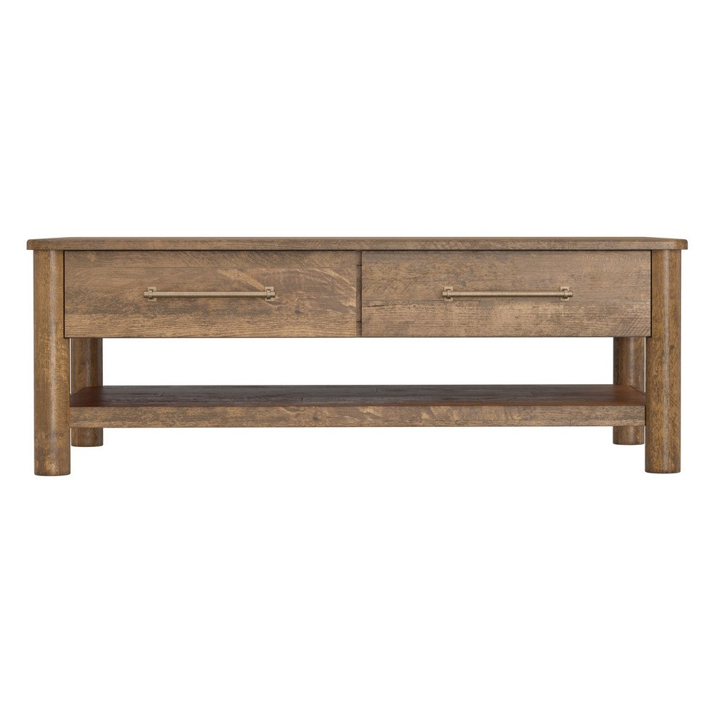 Olum 50 Inch Cocktail Coffee Table, Drawers, Lower Shelf, Brown Mango Wood