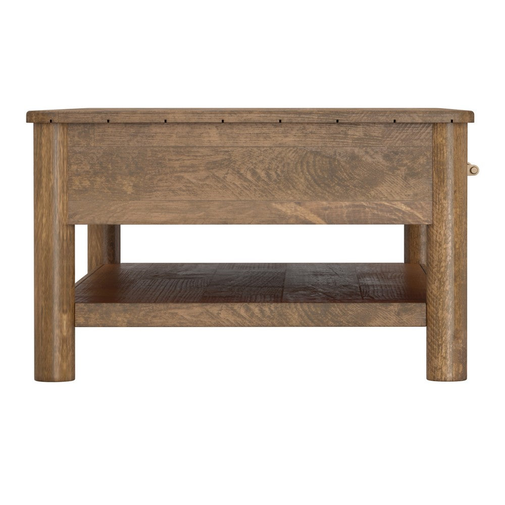 Olum 50 Inch Cocktail Coffee Table, Drawers, Lower Shelf, Brown Mango Wood