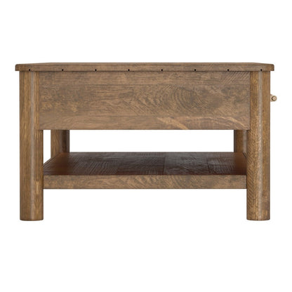 Olum 50 Inch Cocktail Coffee Table, Drawers, Lower Shelf, Brown Mango Wood