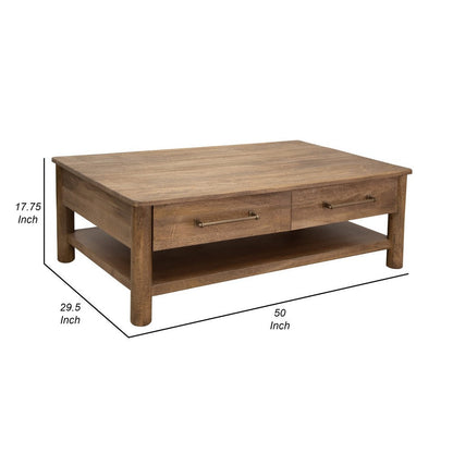 Olum 50 Inch Cocktail Coffee Table, Drawers, Lower Shelf, Brown Mango Wood