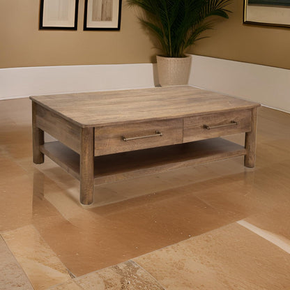 Olum 50 Inch Cocktail Coffee Table, Drawers, Lower Shelf, Brown Mango Wood