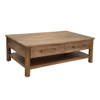 Olum 50 Inch Cocktail Coffee Table, Drawers, Lower Shelf, Brown Mango Wood