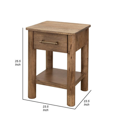 Olum 25 Inch Side End Table, 1 Drawer, Lower Shelf, Square Top, Wood, Brown