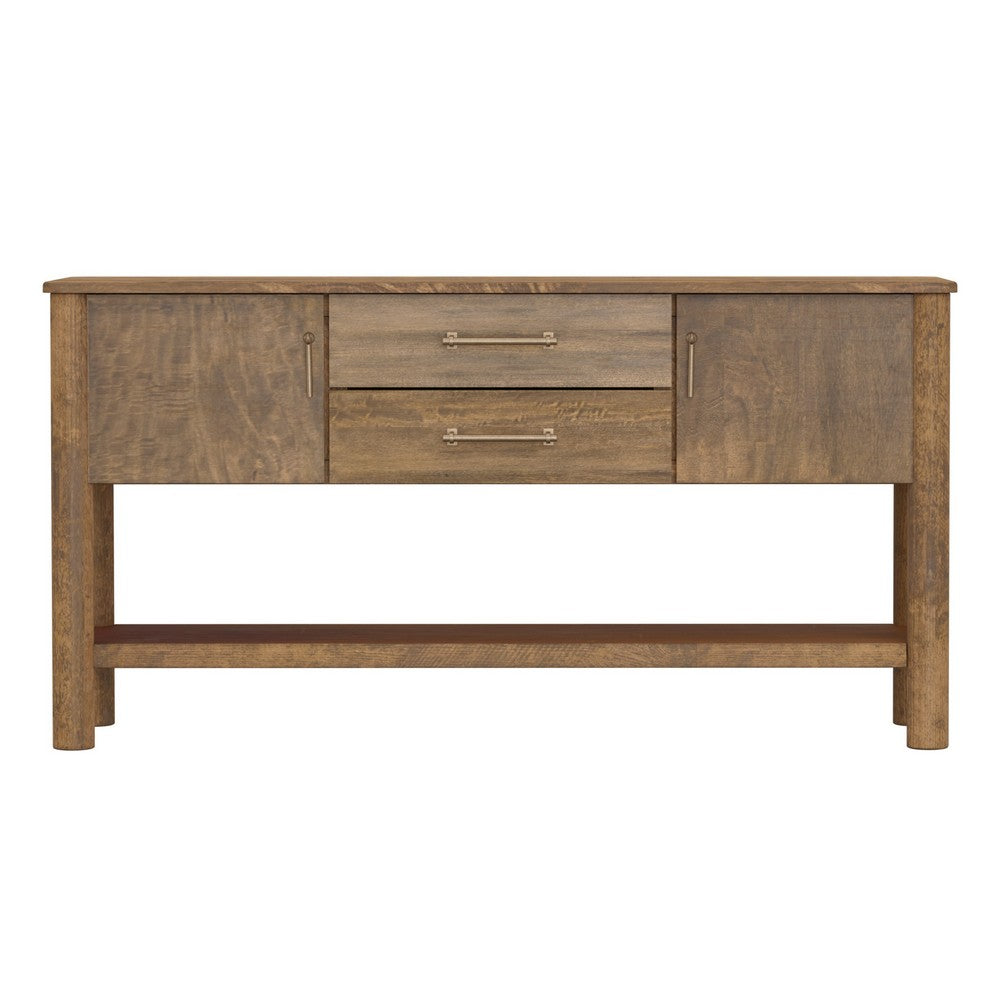 Olum 60 Inch Sofa Table, 2 Drawers, Lower Shelf, Solid Mango Wood, Brown