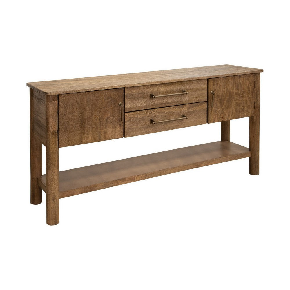 Olum 60 Inch Sofa Table, 2 Drawers, Lower Shelf, Solid Mango Wood, Brown