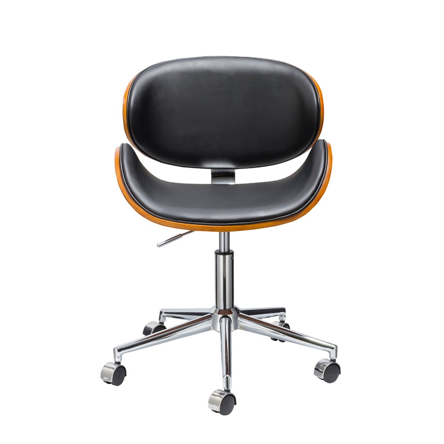 Kio 18-22 Inch Swivel Office Chair, Adjustable, Wood and Black Faux Leather