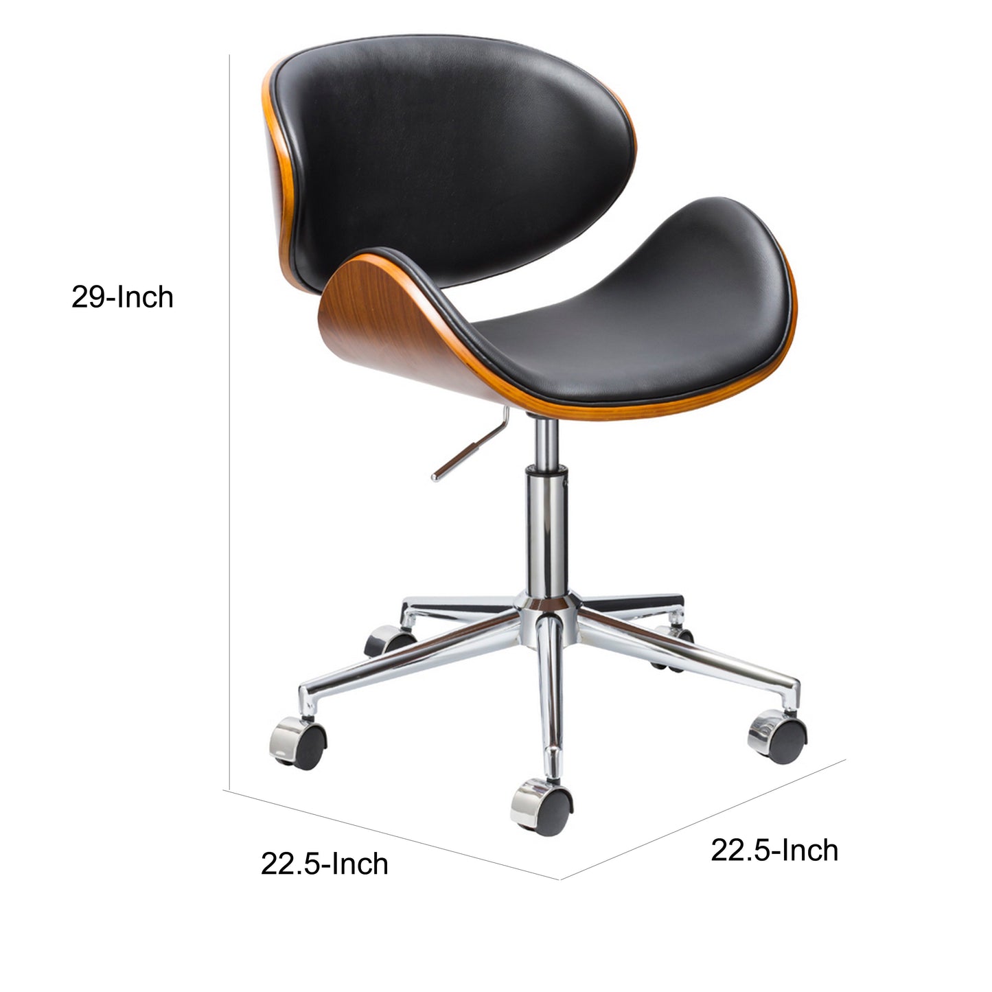 Kio 18-22 Inch Swivel Office Chair, Adjustable, Wood and Black Faux Leather