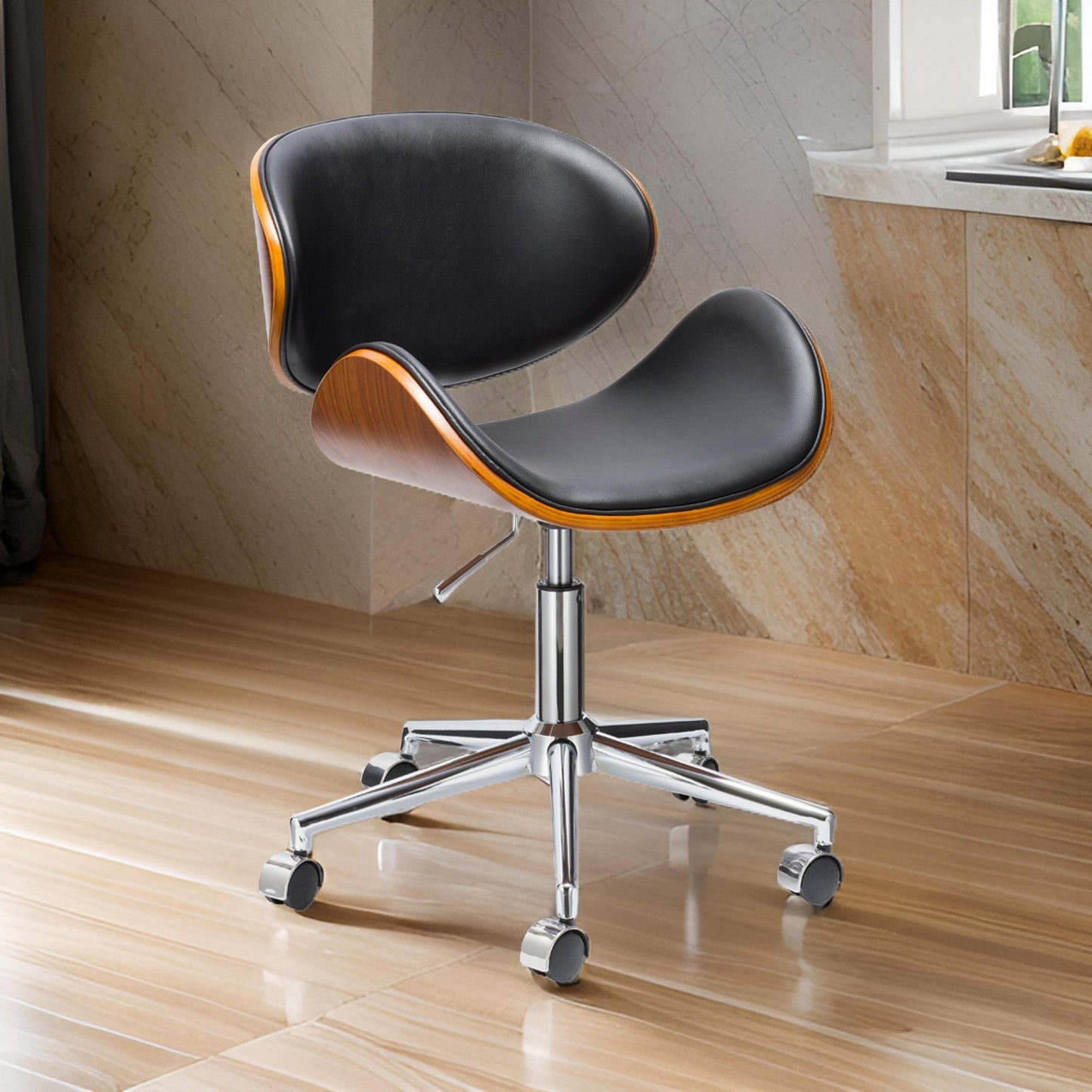 Kio 18-22 Inch Swivel Office Chair, Adjustable, Wood and Black Faux Leather
