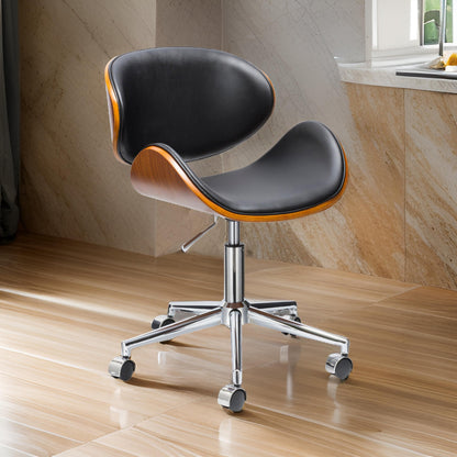 Kio 18-22 Inch Swivel Office Chair, Adjustable, Wood and Black Faux Leather