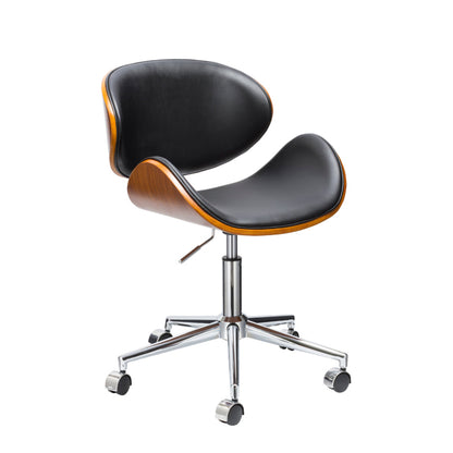 Kio 18-22 Inch Swivel Office Chair, Adjustable, Wood and Black Faux Leather