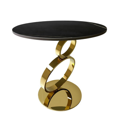 Tiyo 22 Inch Accent End Table, Round Sintered Stone Top, Black, Gold Steel
