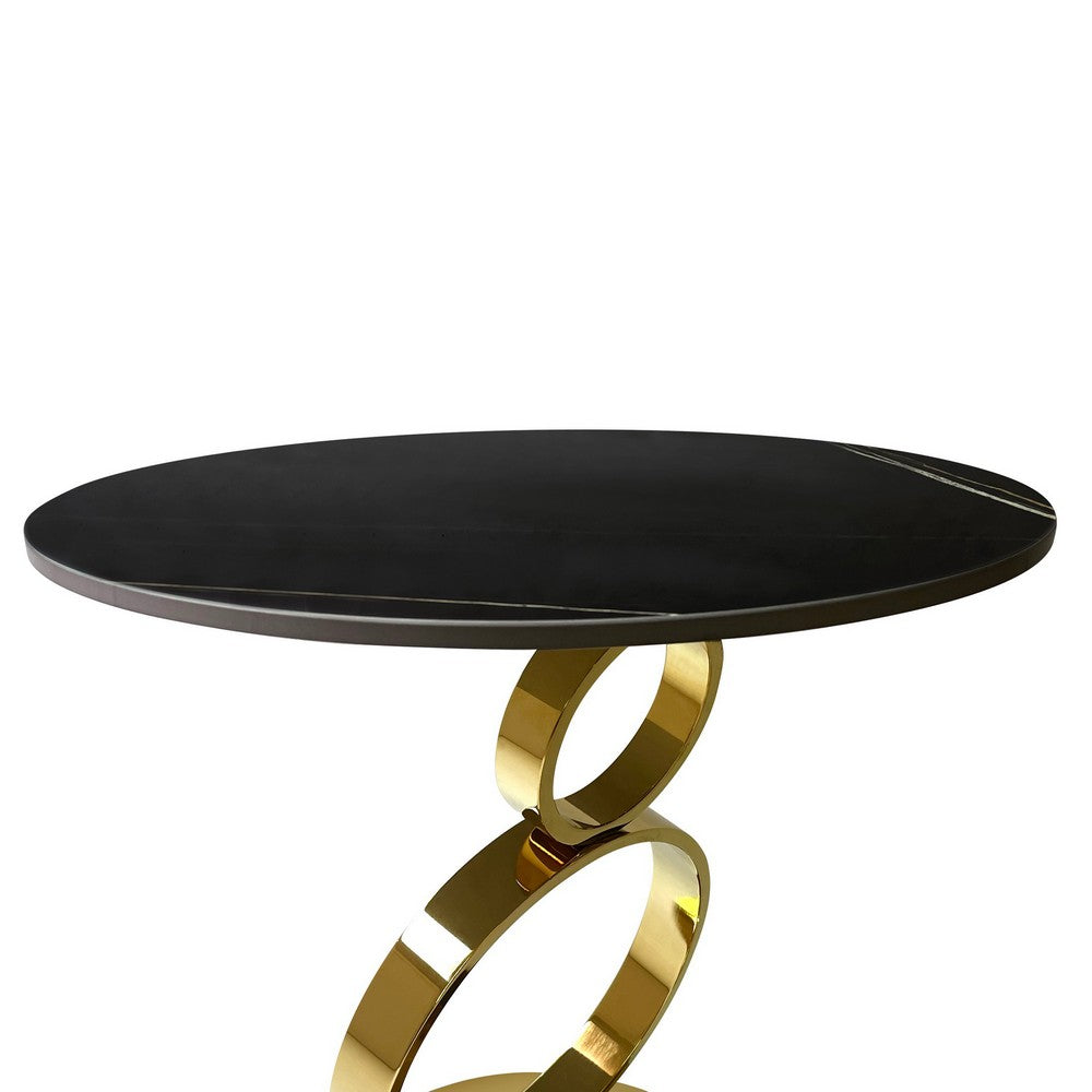Tiyo 22 Inch Accent End Table, Round Sintered Stone Top, Black, Gold Steel