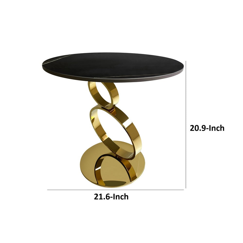 Tiyo 22 Inch Accent End Table, Round Sintered Stone Top, Black, Gold Steel