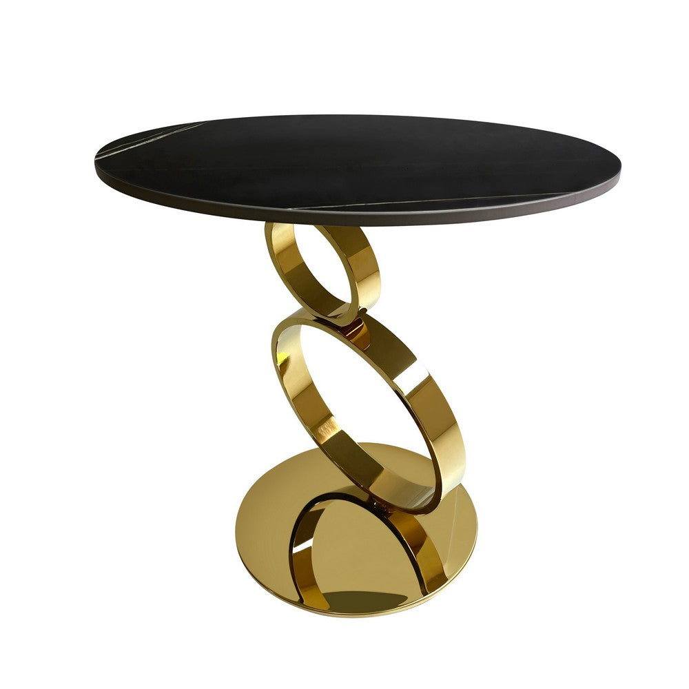 Tiyo 22 Inch Accent End Table, Round Sintered Stone Top, Black, Gold Steel