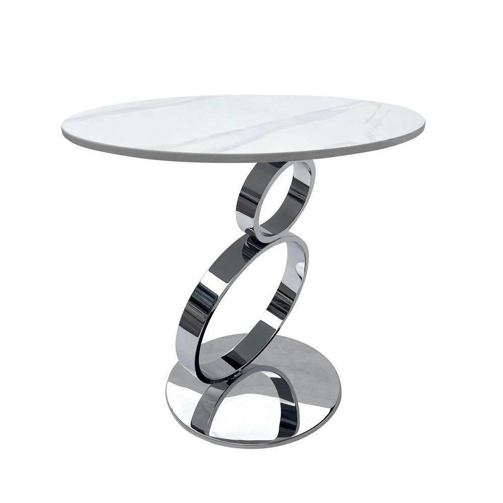 Tiyo 22 Inch Accent End Table, White Round Sintered Stone Top, Silver Steel