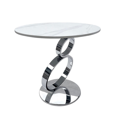 Tiyo 22 Inch Accent End Table, White Round Sintered Stone Top, Silver Steel