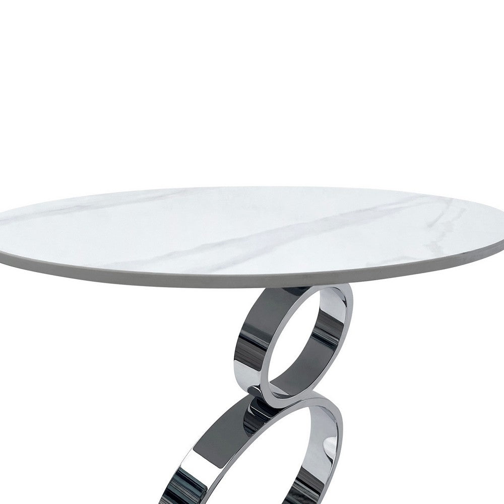 Tiyo 22 Inch Accent End Table, White Round Sintered Stone Top, Silver Steel