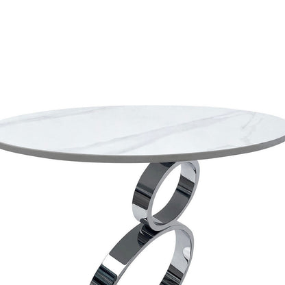 Tiyo 22 Inch Accent End Table, White Round Sintered Stone Top, Silver Steel
