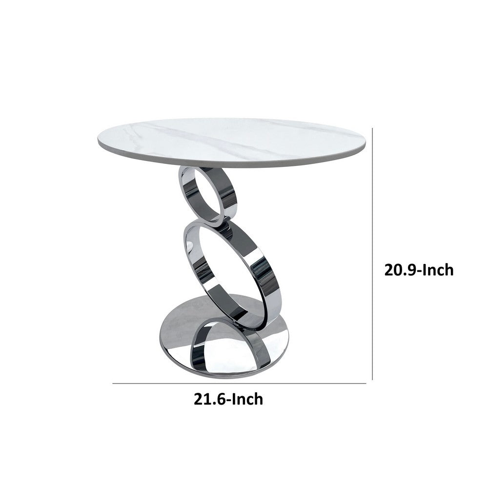 Tiyo 22 Inch Accent End Table, White Round Sintered Stone Top, Silver Steel