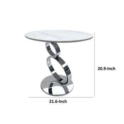 Tiyo 22 Inch Accent End Table, White Round Sintered Stone Top, Silver Steel