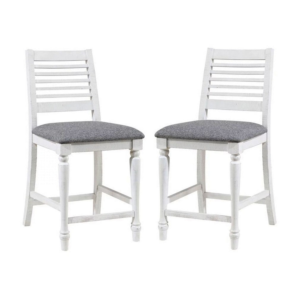 Wren 23 Inch Counter Height Chair Set of 2, Antique White Wood, Gray Seat