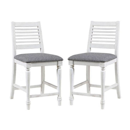 Wren 23 Inch Counter Height Chair Set of 2, Antique White Wood, Gray Seat