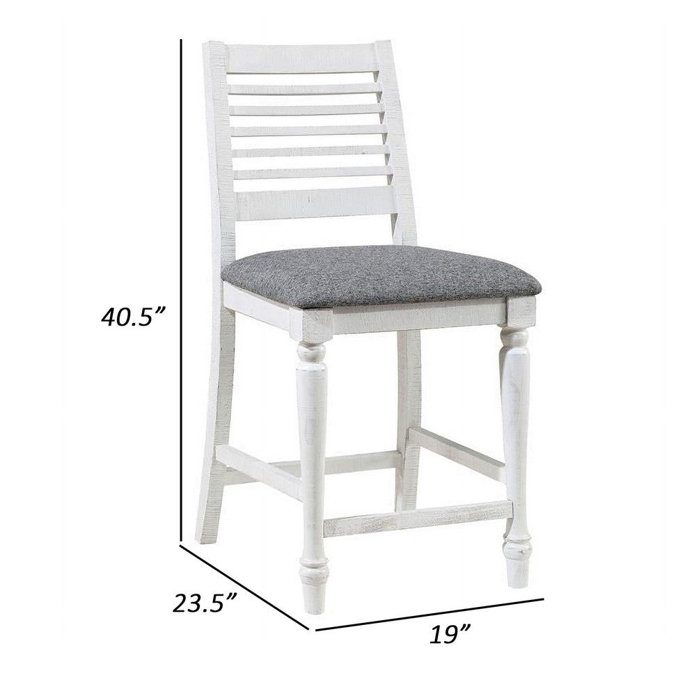 Wren 23 Inch Counter Height Chair Set of 2, Antique White Wood, Gray Seat