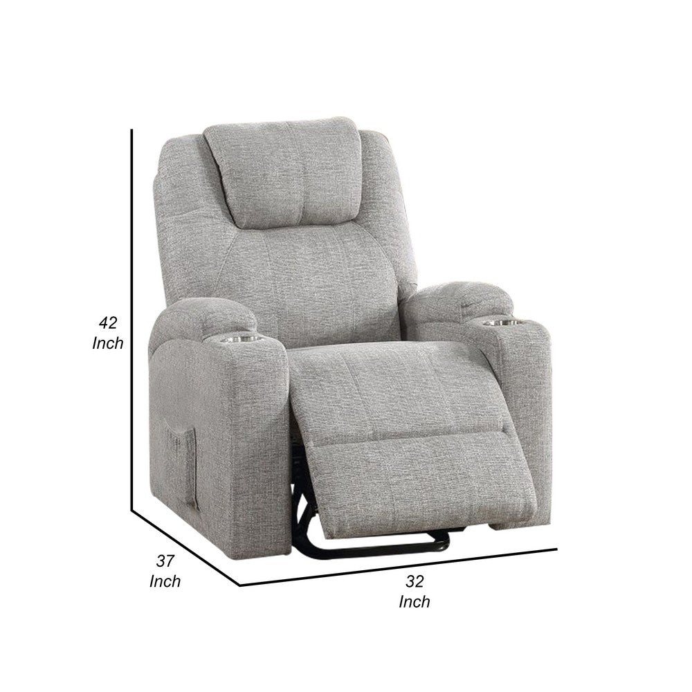 Evans 37 Inch Recliner Chair, Power Lift, Cupholders, Chenille, Light Gray