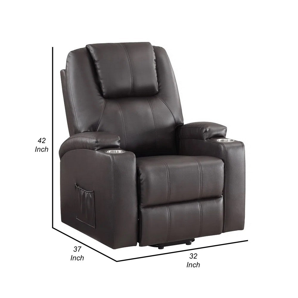 Evans 37 Inch Recliner Chair, Power Lift, 2 Cupholders, Brown Faux Leather