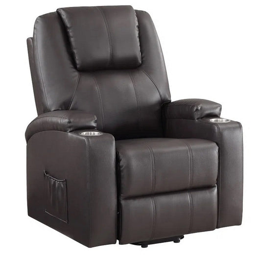 Evans 37 Inch Recliner Chair, Power Lift, 2 Cupholders, Brown Faux Leather