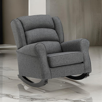 34 Inch Rocking Chair, Wood Frame, Channel Tufted Gray Fabric Upholstery