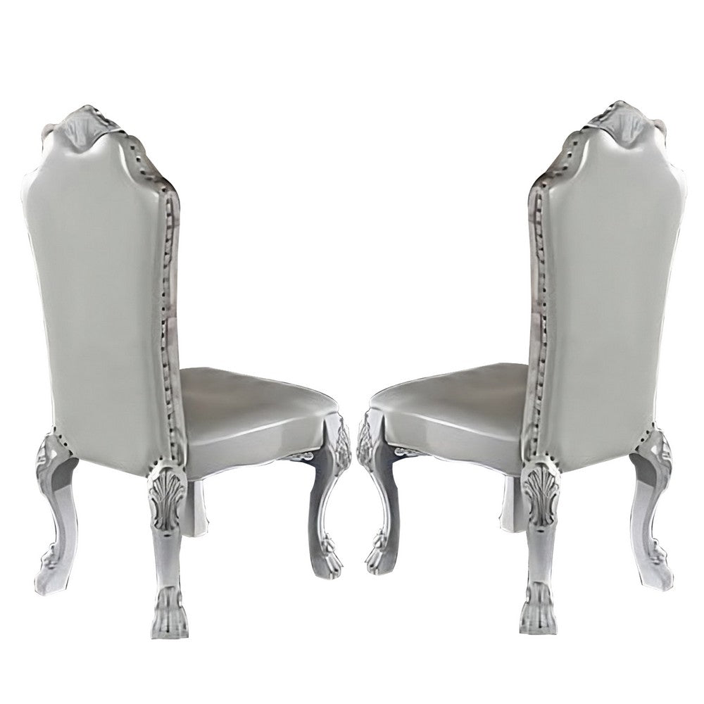 Ally 25 Inch Side Chair Set of 2, Curved Top, Carved Scrolled Motifs, White