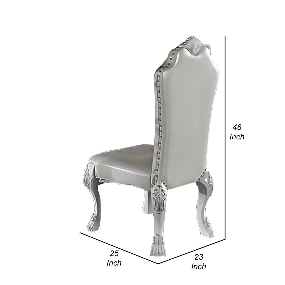 Ally 25 Inch Side Chair Set of 2, Curved Top, Carved Scrolled Motifs, White