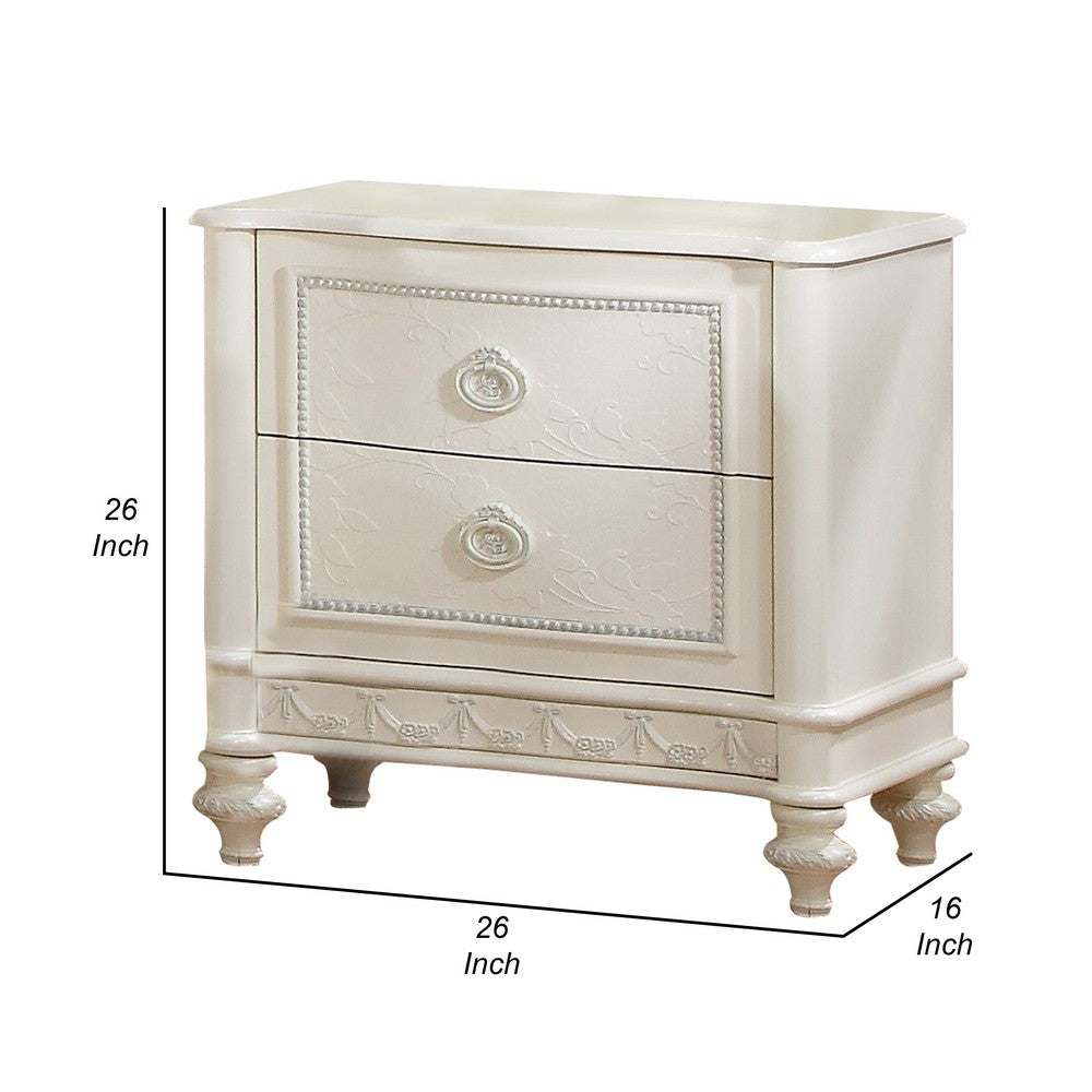Dorie 26 Inch Nightstand with 2 Drawers, Oval Molded Trim, Ivory White Wood
