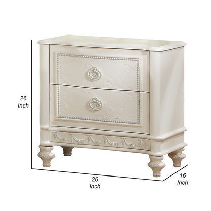 Dorie 26 Inch Nightstand with 2 Drawers, Oval Molded Trim, Ivory White Wood