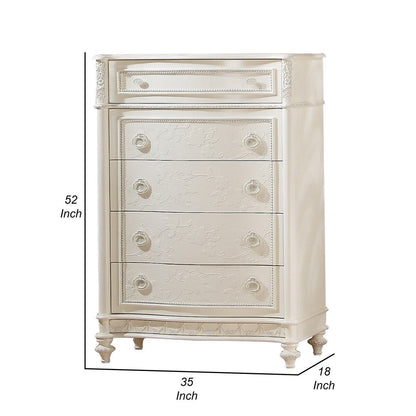 Dorie 52 Inch Tall Dresser Chest, 5 Drawers, Molded Trim, Ivory White Wood