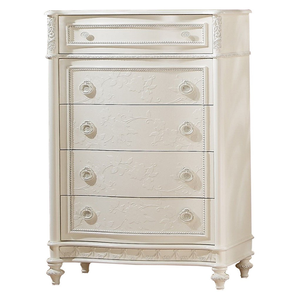 Dorie 52 Inch Tall Dresser Chest, 5 Drawers, Molded Trim, Ivory White Wood
