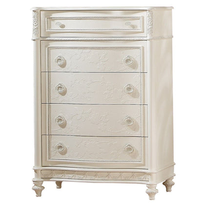 Dorie 52 Inch Tall Dresser Chest, 5 Drawers, Molded Trim, Ivory White Wood